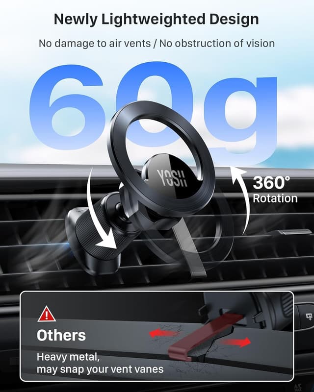 Detalle 2 de YOSH MagSafe Car Mount — air vent magnetic phone holder with dual-hook stability and 20× N55 magnets
