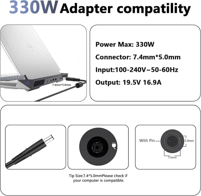Detalle 2 de MAXPOR Replacement 330W Laptop Charger (19.5V, 7.4mm barrel) for Dell/Alienware gaming models