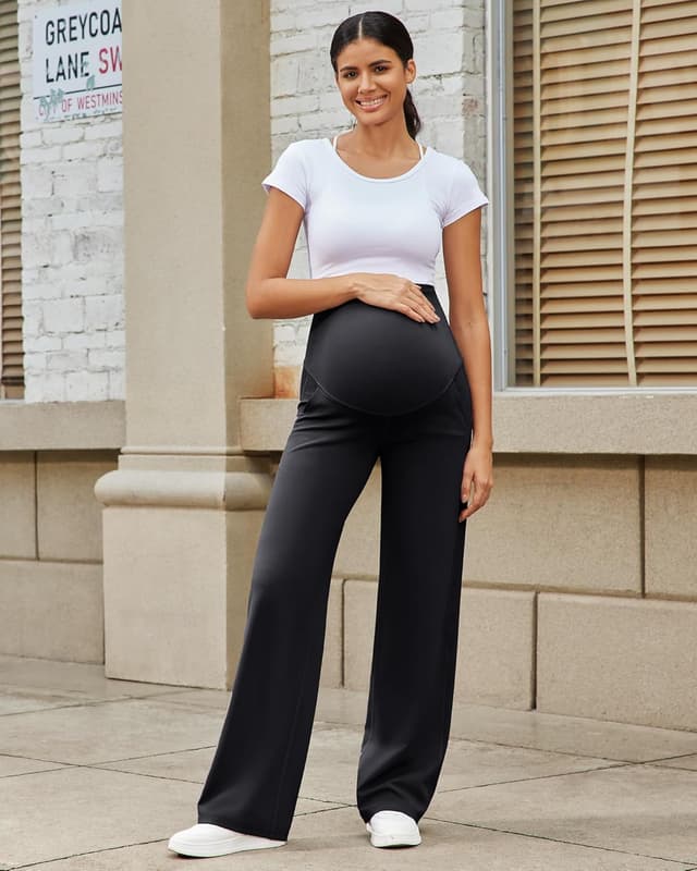 Detalle de G4Free Umstandshose Damen hohe Taille mit Taschen – Yoga- & Freizeithose mit 4-Wege-Stretch