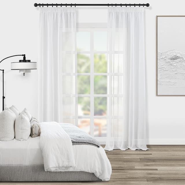 Detalle de Topfinel Rideau voilage blanc effet lin transparent (2 panneaux) 140 x 280 cm à galon fronceur