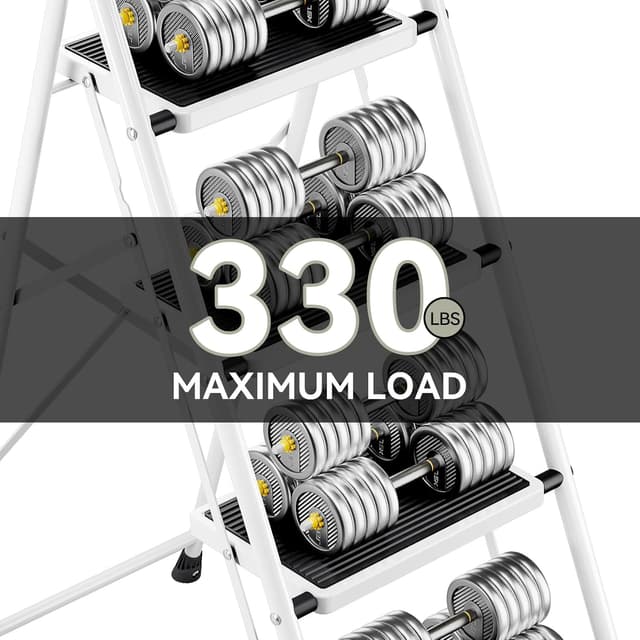 Detalle de KINGRACK Scaletta pieghevole a 4 gradini con corrimano, pedate antiscivolo e struttura in acciaio (bianco)