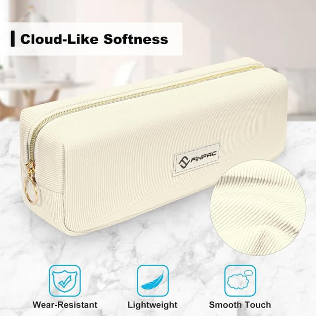 Detalle 2 de FINPAC Trousse à crayons en velours côtelé beige, grande ouverture et poches intérieures