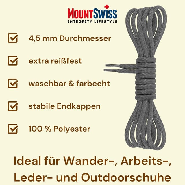 Detalle 2 de Mount Swiss runde Schuhbänder (ø 4,5 mm) – reißfestes Polyester für Trekking-, Arbeits- und Wanderschuhe