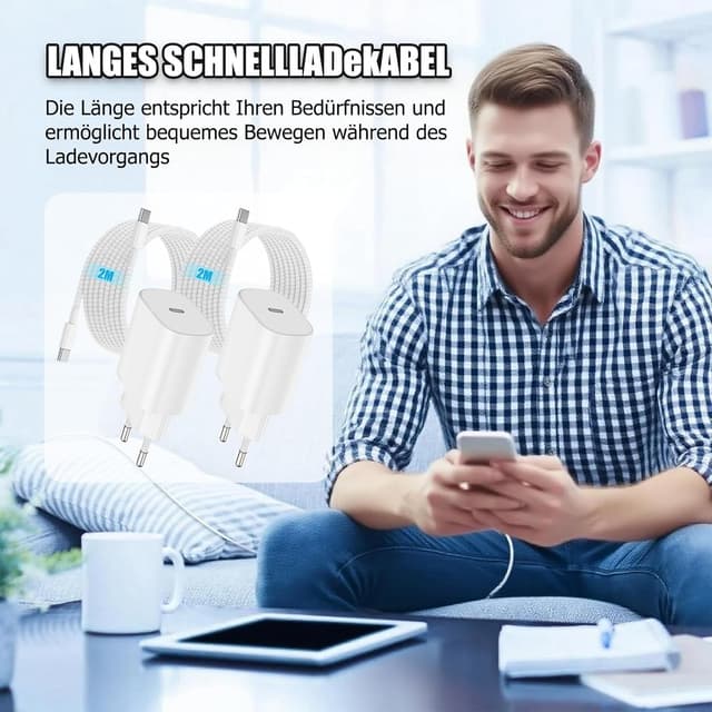 Detalle 2 de 2er-Set 25W USB‑C Ladegerät für iPad & iPhone + 2m USB‑C Kabel (PD 3.0) – Schnelles Laden für unterwegs