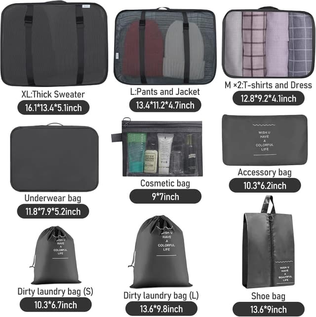 Detalle de 10-piece Packing Cubes set for suitcases – travel organiser bags for clothes, shoes and toiletries