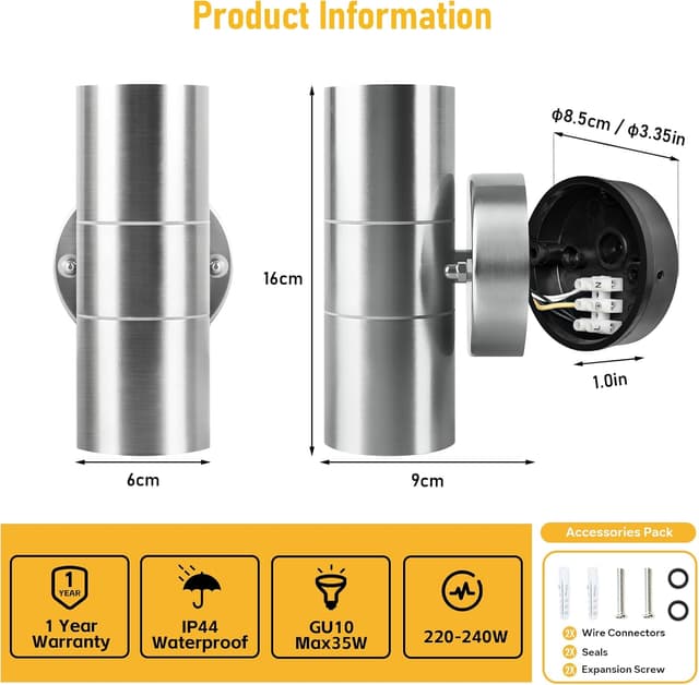 Detalle de Kerry Outdoor Wall Lights up & down mains powered, IP44 stainless steel wall sconce (2 pack) – silver