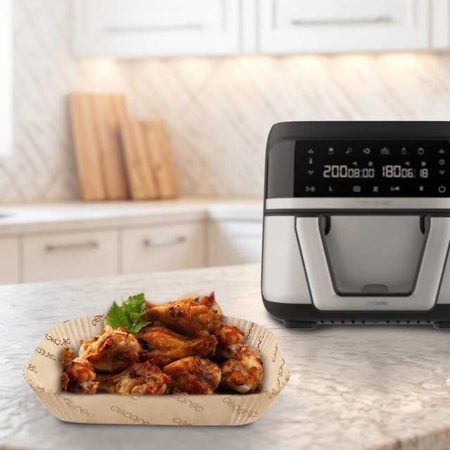 Detalle de Cecotec Cecofry TwinBucket : lot de 150 papiers silicone pour friteuse à air chaud (format 24 x 18 cm)