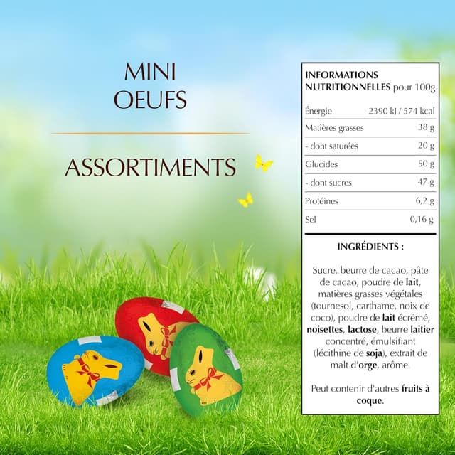 Detalle de Lindt mini œufs Pâques en sachet – assortiment chocolats au lait, pralinés et noirs, 350 g