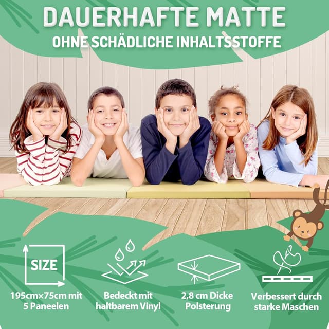 Detalle 2 de PhysKcal klappbare Weichbodenmatte 195 x 75 x 3 cm – faltbare Turnmatte mit Tragegriffen