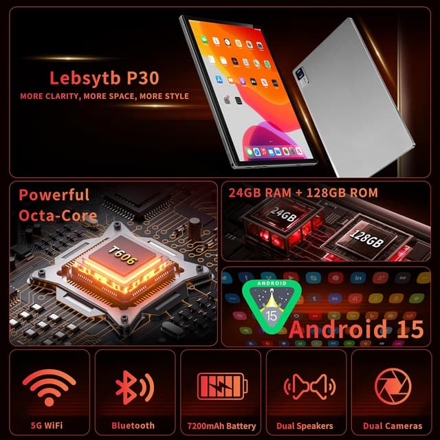 Detalle de 10-Inch Android 15 Tablet with Keyboard, 5G WiFi, Bluetooth 5.0, 24GB (4+20) RAM, 128GB ROM (Up to 1TB) and Stylus