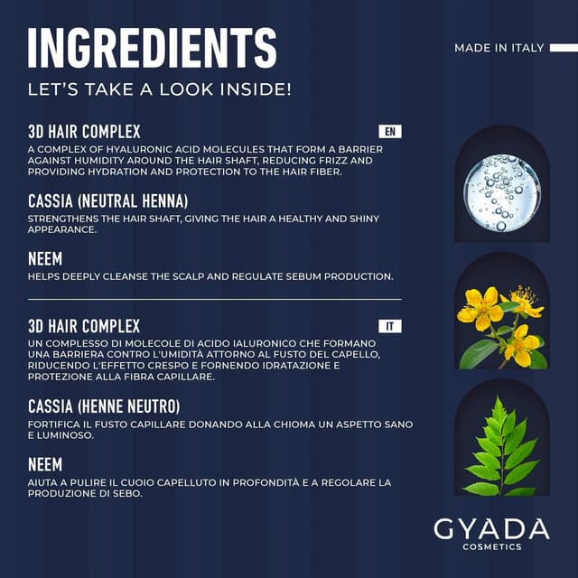 Detalle de GYADA COSMETICS Hyalurvedic Impacco Ayurvedico in tessuto purificante con cuffia effetto termico, per capelli grassi e sfibrati (60 ml)