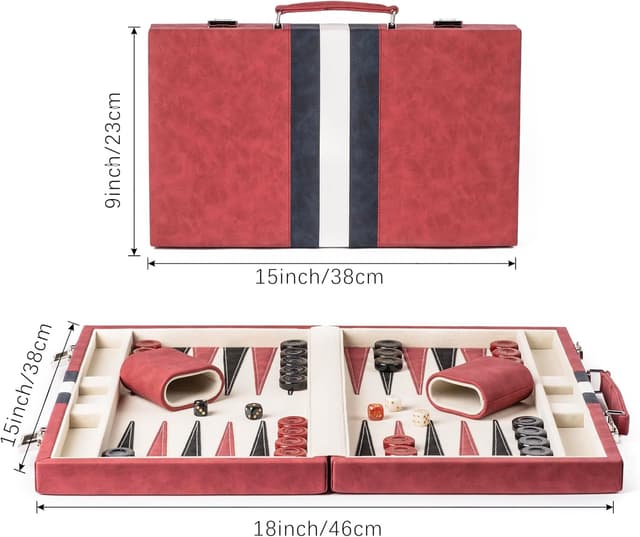 Detalle 2 de Lingle 15-inch Backgammon Set for Adults with Folding Faux Leather Case (Red)