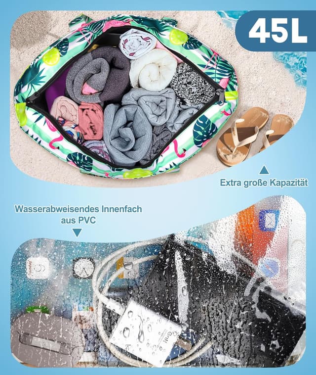Detalle 2 de ISEYOU Strandtasche XXL Familie 45L – faltbare, wasserdichte Groß-Strandtasche mit Reißverschluss
