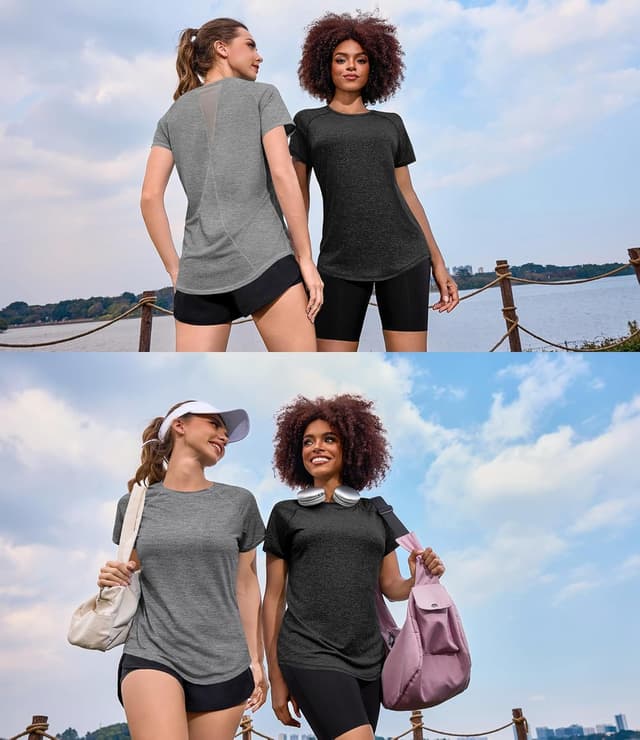 Detalle de Gyabnw Damen Sportshirt mit Rundhals und atmungsaktivem Mesh-Design für Lauftraining, Yoga & Fitness