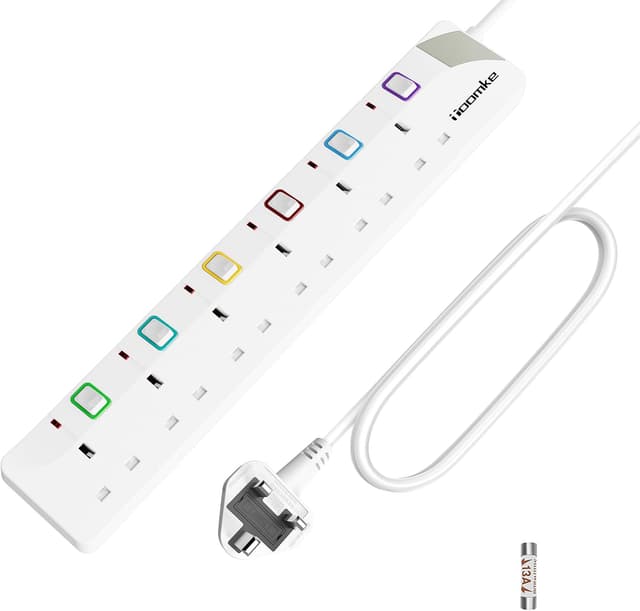 Detalle de Toomke 5m 6-Way Extension Lead with Individual Switches, Wall Mount Plug Socket (13A Fused)