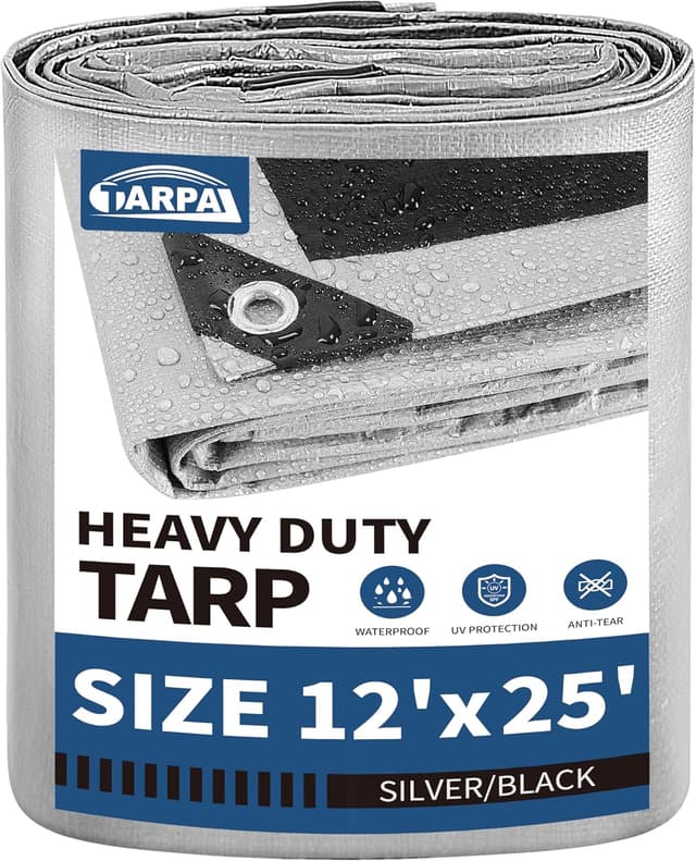 Detalle de TARPAL 12x25 Feet 10.5Mil Silver/Black Heavy-Duty Tarp (Waterproof, UV/Snow Protection)