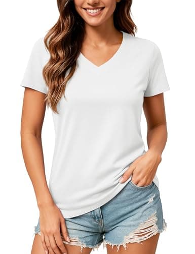 Detalle de TACVASEN Camiseta de algodón para mujer con escote en pico y manga corta, color blanco (L)
