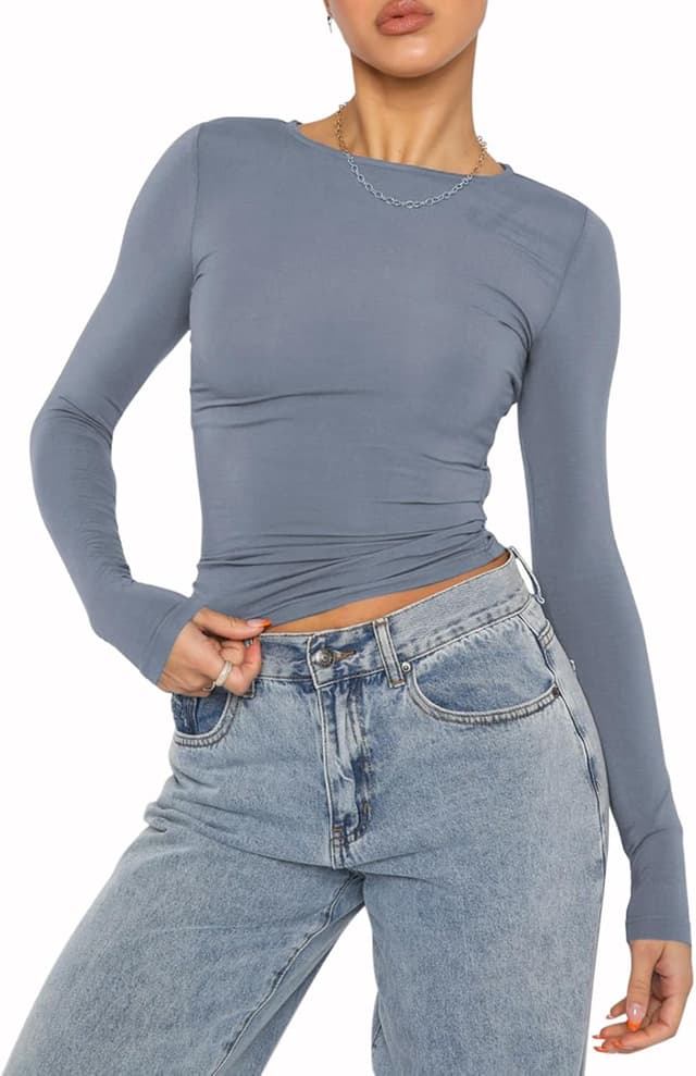 Detalle 2 de Women’s casual crop tops slim fit long sleeve crew neck fitted T-shirt (polyester)