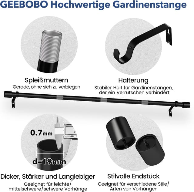 Detalle de GEEBOBO Gardinenstange Schwarz 76–152 cm, ausziehbar (19 mm) für Schlafzimmer, Wohnzimmer & Küche
