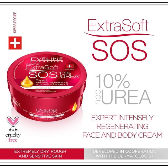 Detalle 2 de Eveline Cosmetics Extra Soft SOS 10% Urea Intensiv Gesichts- & Körpercreme mit bioHYALURON PLUS Complex (175 ml)
