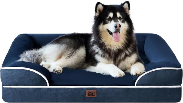 Detalle de EHEYCIGA orthopädisches Hundebett XXL 132 x 104 cm mit Memory Foam und hohem Rand, marineblau