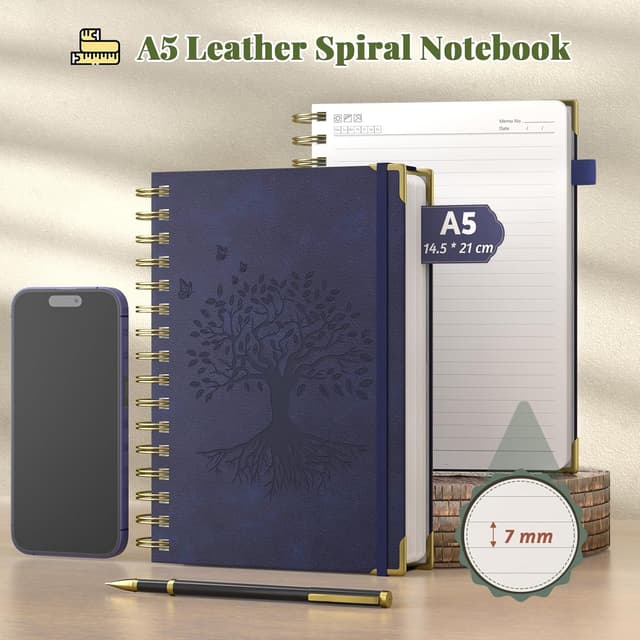 Detalle 2 de Smarpau A5 Notizbuch mit Stift – Hardcover Spiraljournal mit 240 Seiten (14,5 x 21 cm), Marineblau