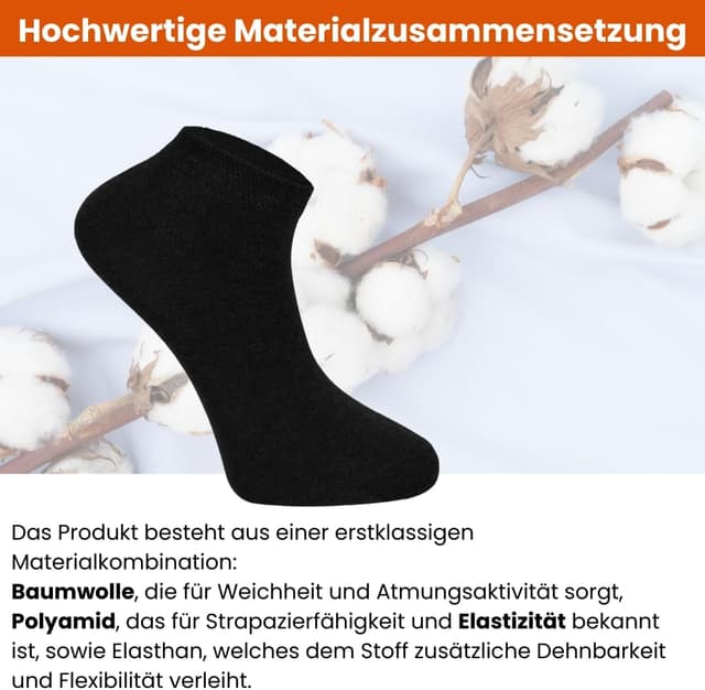 Detalle 2 de Sneaker-Socken (10 Paar) aus Baumwolle für Herren & Damen, atmungsaktiv, kurz – Schwarz/Weiß/Grau, Größen 35-38 bis 47-49