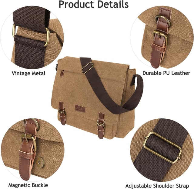 Detalle de S-ZONE Homme sac à bandoulière 15,6 pouces en toile vintage : sac messager pour ordinateur portable