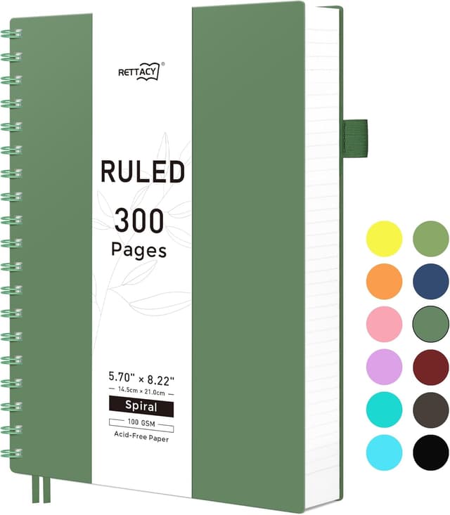 Detalle de RETTACY A5 Wirebound Spiral Notebook (14.5 x 21cm) – Dark green, 150 sheets / 300 pages, 100gsm college-ruled