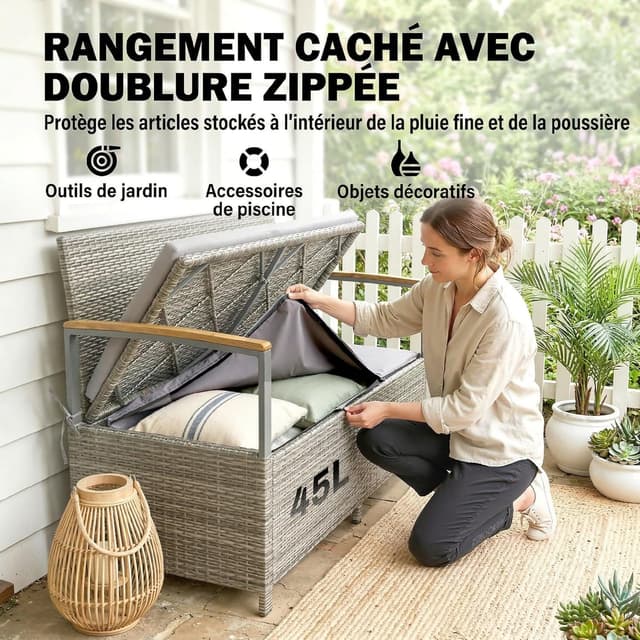 Detalle de Outsunny Banc de jardin avec coffre de rangement 170 L – banquette 2 places en résine tressée grise