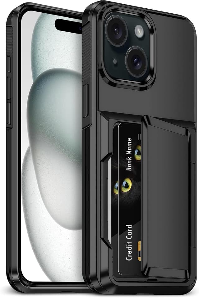 Detalle de Aolcev iPhone 15 Case with Card Holder (up to 4 cards) – dual-layer shockproof wallet cover, Black