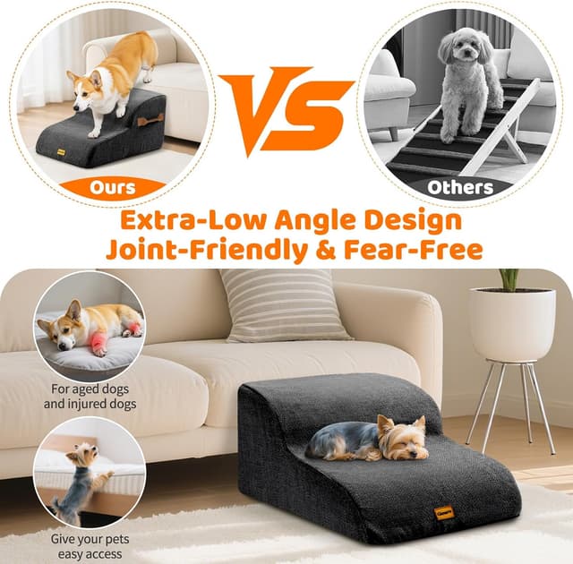 Detalle de Gimars Scaletta per cani extra lunga e robusta in schiuma 30D, a 2 gradini per divano (nera)