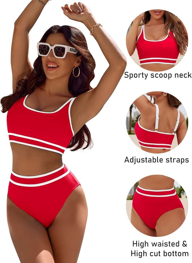 Detalle de BMJL Women’s High Waisted Sporty Bikini Set with Color Block Cheeky High-Cut Bottoms