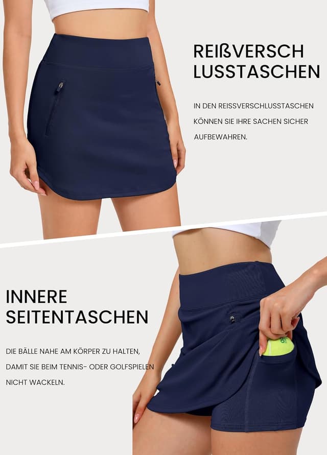 Detalle 2 de Jhsnjnr Damen Sport-Hosenrock mit Reißverschluss-Taschen, elastisch – für Golf, Laufen & Tennis