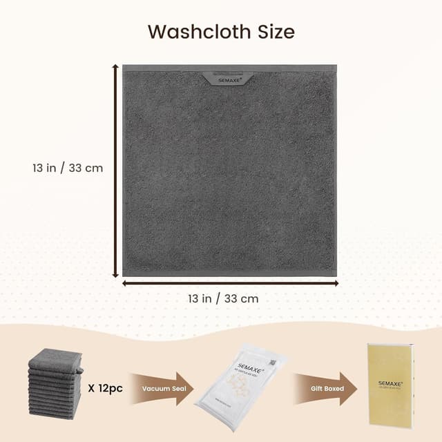 Detalle de SEMAXE 100% Cotton Washcloths 12-Pack (13 x 13 Inch) — Soft, Super Absorbent, Quick-Dry Face Towels