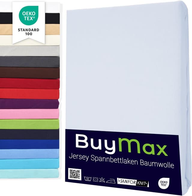 Detalle de Buymax Spannbettlaken 180×200 cm Baumwolle Jersey Weiß