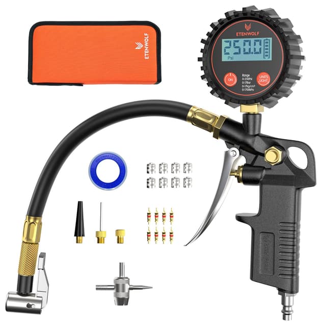 Detalle de ETENWOLF T500 Digital Tire Pressure Gauge with Inflator (0–250 PSI) — ANSI B40.7 Grade 2A