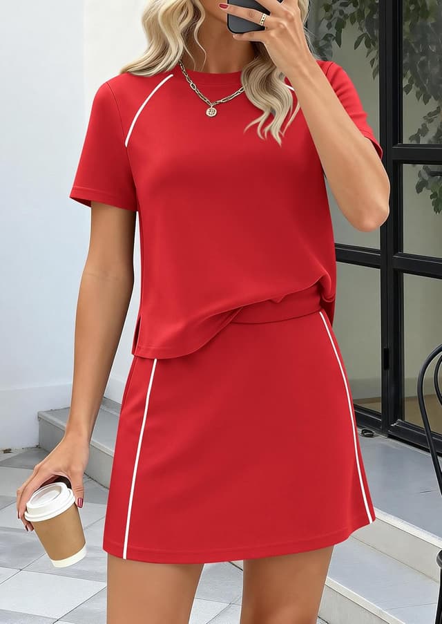 Detalle de PRETTYGARDEN Women’s 2026 Summer 2-Piece Skirt Set (Short Sleeve Top & Skort)