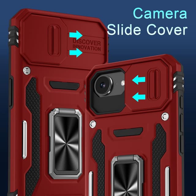 Detalle de DEERLAMN iPhone 17e / iPhone 16e 6.1-inch case with sliding camera cover, ring kickstand & shockproof protection (Red, 2-pack screen protectors)