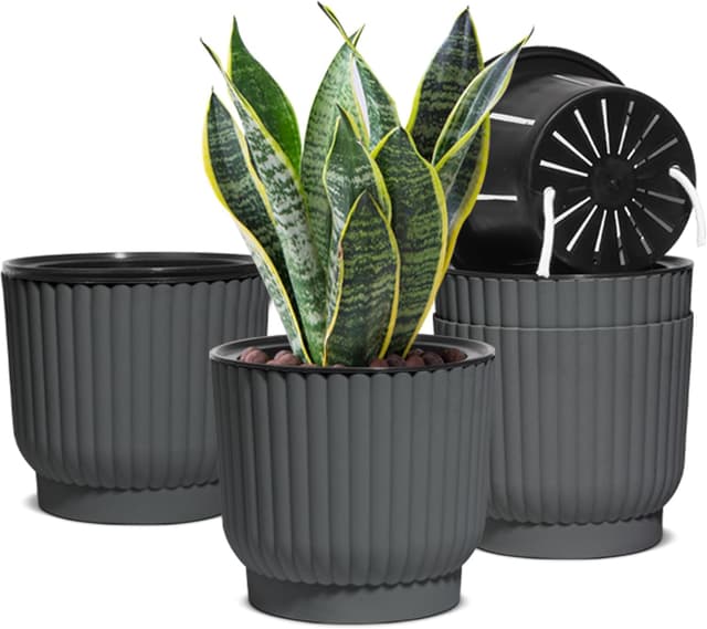 Detalle de T4U 18cm Self-Watering Plant Pots (4 Pack) – Grey Indoor Plant Pots for Succulents, Cactus & More