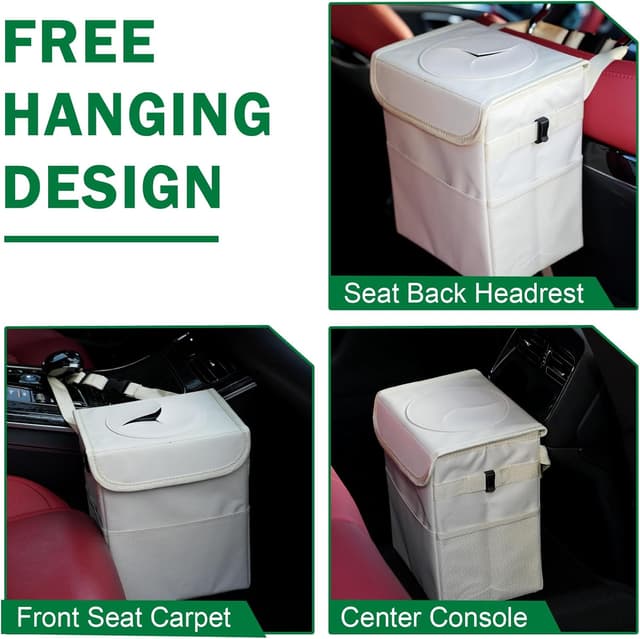 Detalle 2 de Domemit Car Bin (2 Gallons / 8L) – Collapsible waterproof car trash can with lid, pockets & adjustable strap – Beige