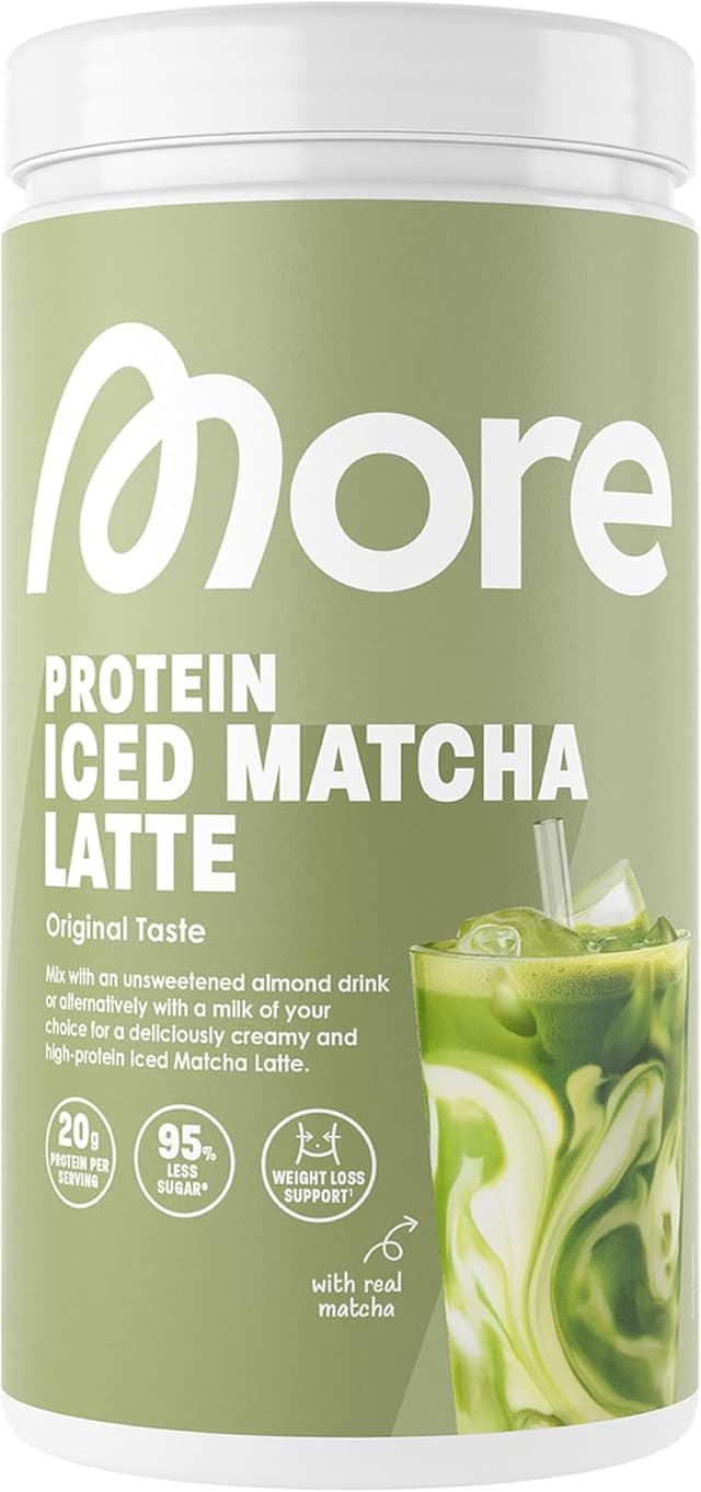 Detalle de MORE Protein Iced Matcha Latte (500 g) – Matcha-Grünteepulver mit Proteinen, wenig Zucker