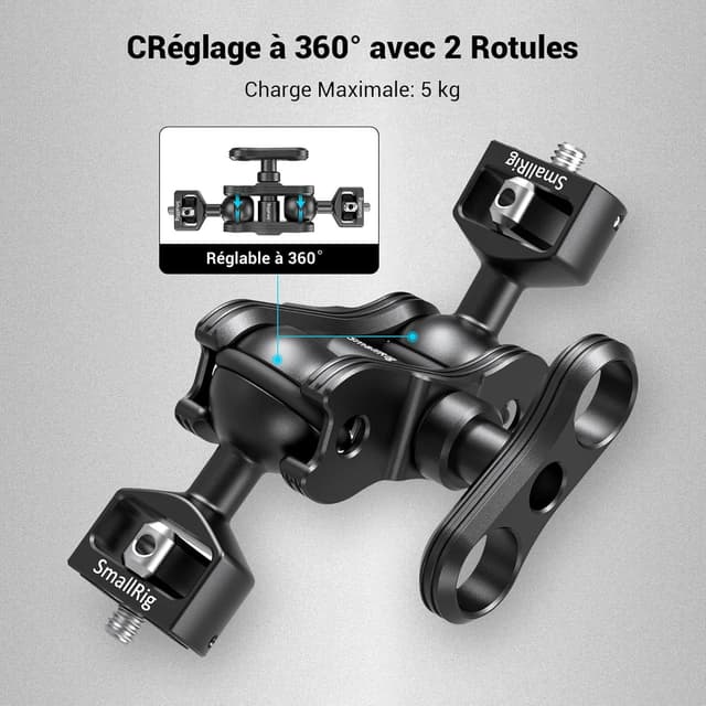 Detalle de SMALLRIG Magic Arm 2070B avec double rotule à friction (support de tête sphérique 1/4)