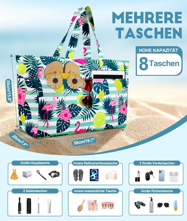 Detalle de ISEYOU Strandtasche XXL Familie 45L – faltbare, wasserdichte Groß-Strandtasche mit Reißverschluss