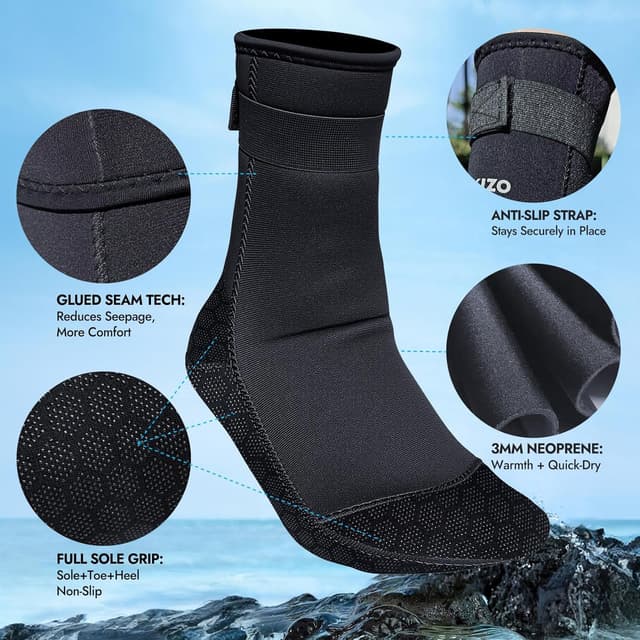 Detalle de PAWHITS 3mm neoprene wetsuit socks with anti-slip sole and ankle strap for scuba, snorkelling and watersports