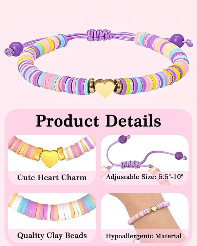 Detalle 1 de TOLOWOBK heart clay bead bracelet gift for girls aged 6–16 (with inspirational quote card)