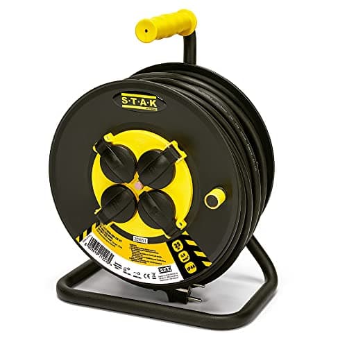 Detalle de Enrollacable eléctrico profesional 25M con 4 tomas y Schuko ⚡