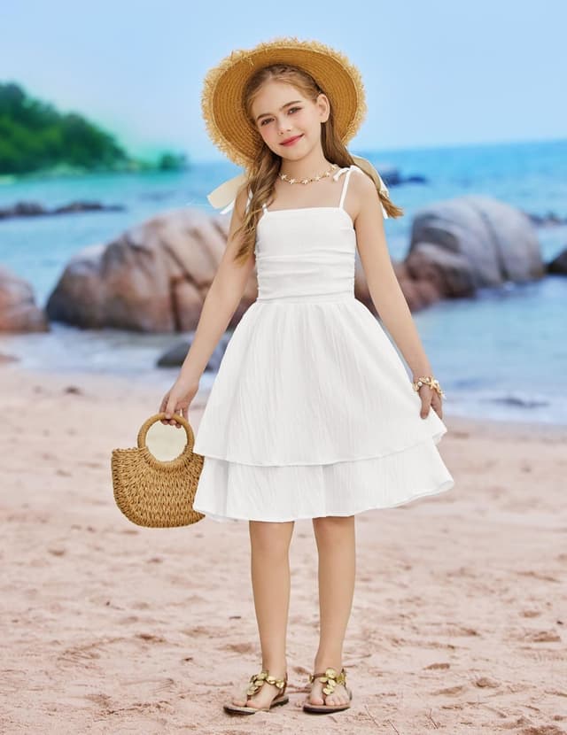 Detalle de Arshiner Girls Summer Spaghetti Strap Tiered Midi Sundress with Smocked Back
