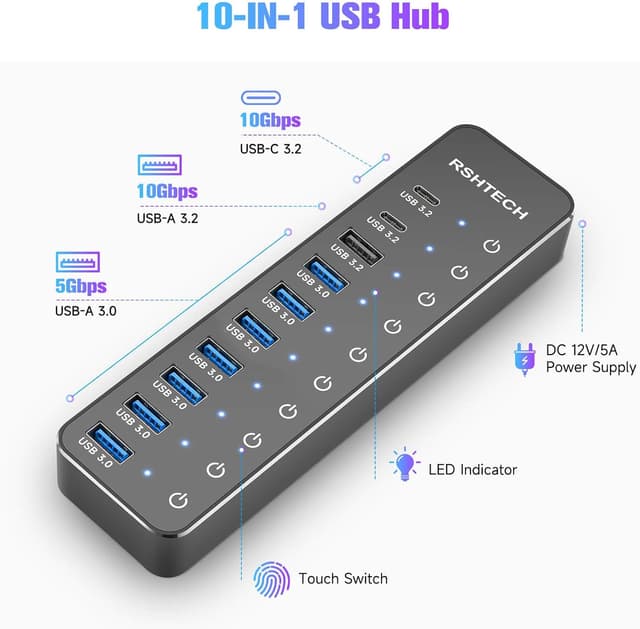 Thumbnail 1 de RSHTECH Powered USB-C Hub 3.2 10-Port USB-C