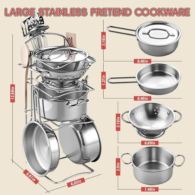 Detalle de Großes Spielküchen-Zubehör aus Edelstahl: 63-teiliges Kinder-Koch- & Schneideset mit Spiel-Lebensmitteln